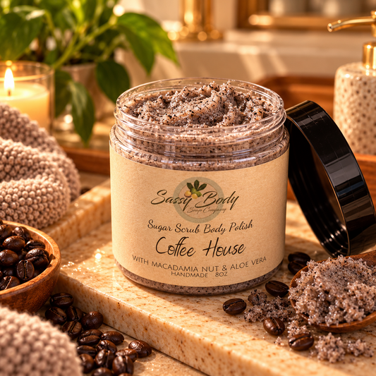 Coffee House Natural Sugar Scrub, Handmade Body Polish, Exfoliating Bath
